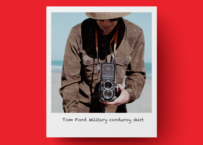 Tom Ford military corduroy shirt Polaroid-style photo